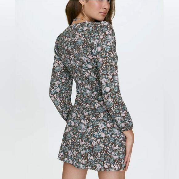 EUC Aritzia Sunday Best Grayson Floral Print Long Sleeve Mini Dress 8 Mocha Teal - Picture 6 of 16